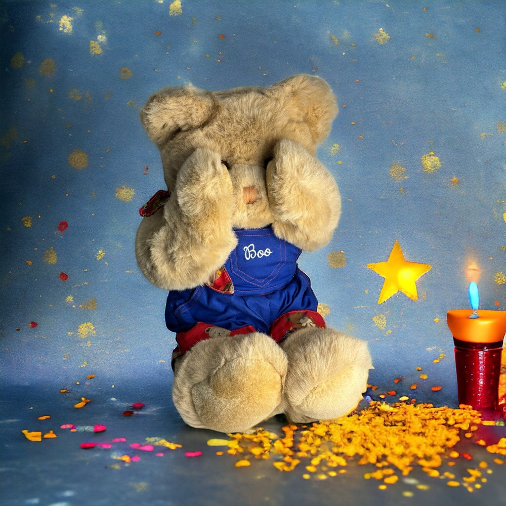 1980s Mango Musical Peek A Boo Teddy Bear Plush Blue Overalls Backpack Bandanna